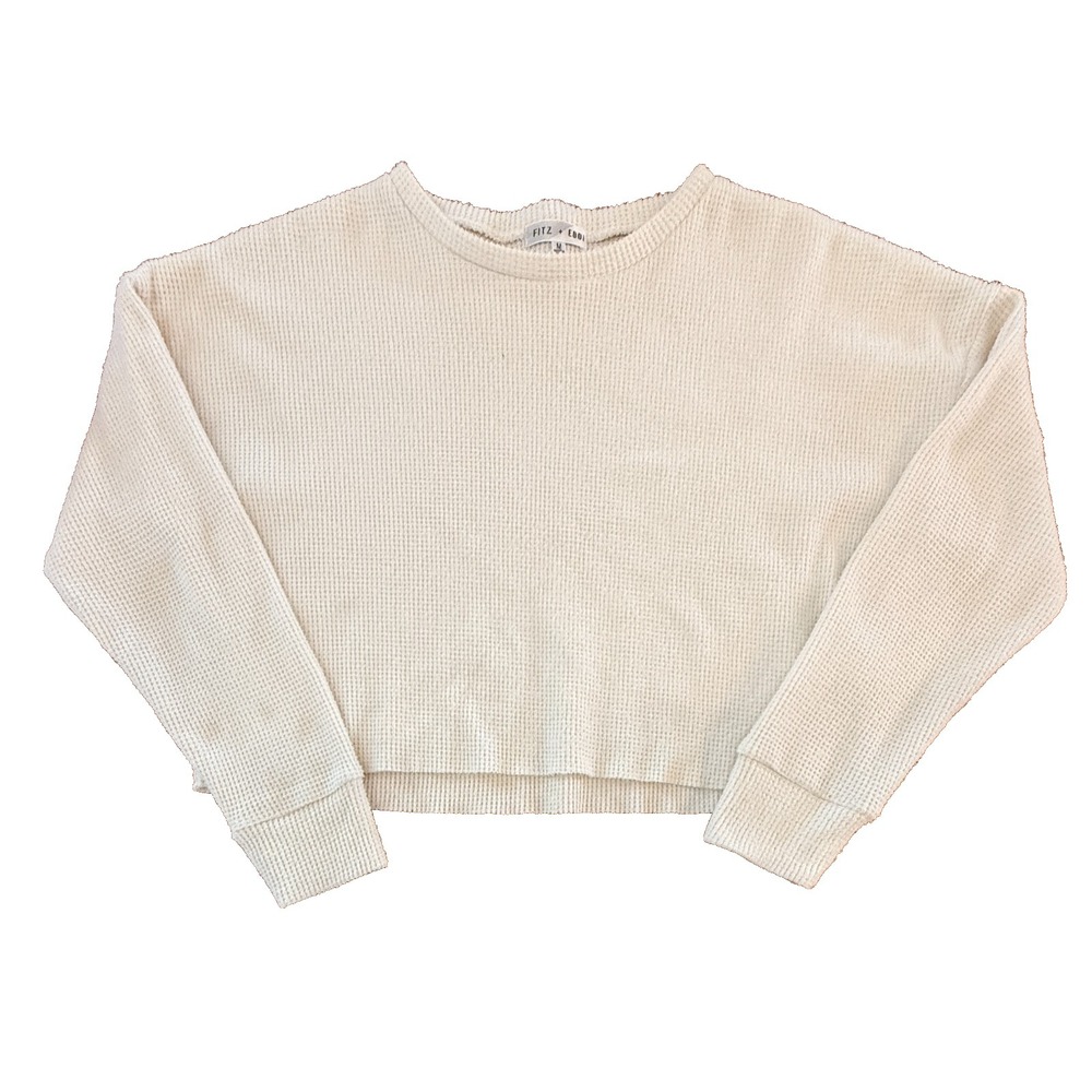 Fitz + Eddi‎ Womens M Cream Cropped Waffle Knit Sweater Soft Lounge Cozy